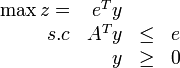  \begin{array}{rrll} \max z = & e^Ty & &\\      s.c & A^Ty   &\leq& e\\          &  y   &\geq&0 \end{array} 