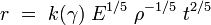 r \ = \ k(\gamma) \; E^{1/5} \; \rho^{-1/5} \; t^{2/5}