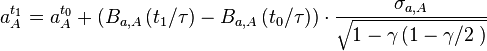 a_{A}^{t_{1}}=a_{A}^{t_{0}}+\left( B_{a,A}\left( t_{1}/\tau  \right)-B_{a,A}\left( t_{0}/\tau  \right) \right)\cdot \frac{\sigma _{a,A}}{\sqrt{1-\gamma \left( 1-{\gamma }/{2}\; \right)}}