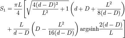 \begin{align} S_1& =\frac{\pi L} {4}\Biggl[\sqrt{\frac{4(d-D)^2}{L^2}+1}\left ( d+D +\frac{L^2}{8(d-D)}\right) \\ \ & +\frac{L}{d-D}\left(D-\frac{L^2}{16(d-D)}\right)\operatorname{argsinh}\frac{2(d-D)}{L}\Biggr]\end{align}