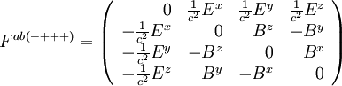 F^{ab}{}^{(-+++)} = \left(\begin{array}{rrrr} 0 & \frac{1}{c^2} E^x & \frac{1}{c^2} E^y & \frac{1}{c^2} E^z \\ -\frac{1}{c^2} E^x & 0 & B^z & - B^y \\ -\frac{1}{c^2} E^y & - B^z & 0 & B^x \\ -\frac{1}{c^2} E^z & B^y & - B^x & 0 \end{array}\right)