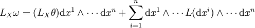 L_X\omega = (L_X\theta)\mathrm dx^1\wedge\cdots\mathrm  dx^n+\sum_{i=1}^n\mathrm dx^1\wedge\cdots L(\mathrm dx^i)\wedge\cdots \mathrm dx^n
