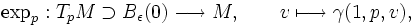  \exp_p:T_pM\supset B_{\epsilon}(0) \longrightarrow M,\qquad v\longmapsto \gamma(1, p, v), 