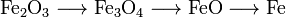 \mathrm{Fe_2O_3 \longrightarrow Fe_3O_4 \longrightarrow FeO \longrightarrow Fe}