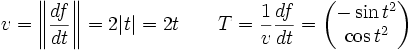 v=\left\|\frac{df}{dt}\right\|=2|t|=2t\qquad T = \frac1v \frac{df}{dt}= \begin{pmatrix} -\sin t^2 \\ \cos t^2 \end{pmatrix}