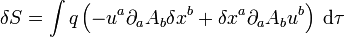 \delta S = \int q \left(- u^a \partial_a A_b \delta x^b + \delta x^a \partial_a A_b u^b \right)\; {\rm d} \tau