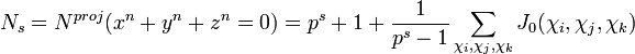 N_s=N^{proj}(x^n+y^n+z^n=0) = p^{s}+1+\frac{1}{p^s-1}\sum_{\chi_i, \chi_j, \chi_k} J_0(\chi_i, \chi_j, \chi_k) \quad 