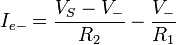 I_{e-}=\frac{V_S-V_-}{R_2}-\frac{V_-}{R_1}