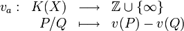 \begin{array}{rrcl} v_a: & K(X) & \longrightarrow & \Z \cup\{\infty\} \\ & P/Q & \longmapsto & v(P)-v(Q)\end{array}