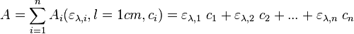 A = \sum_{i=1}^n A_i(\varepsilon_{\lambda, i}, l=1cm, c_i) = \varepsilon_{\lambda,1} \; c_1 + \varepsilon_{\lambda,2} \; c_2 + ... + \varepsilon_{\lambda,n} \; c_n