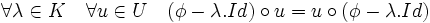 \quad\forall\lambda\in K\quad\forall u\in U \quad (\phi -\lambda .Id)\circ u=u\circ (\phi-\lambda .Id)