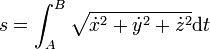 s = \int_{A}^{B}{\sqrt{{\dot{x}}^2 + {\dot{y}}^2 + {\dot{z}}^2}\mathrm dt}