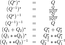\begin{matrix}(Q^*)^* &=& Q\\(Q^{-1})^* &=& \frac{Q}{\|Q\|^2}\\(Q^*)^{-1} &=& \frac{Q}{\|Q\|^2}\\(Q^{-1})^{-1} &=& Q\\(Q_1 + Q_2)^* &=& Q^*_1 + Q^*_2\\(Q_1 ** Q_2)^* &=& Q^*_2 ** Q^*_1\\(Q_1 ** Q_2)^{-1} &=& Q^{-1}_2 ** Q^{-1}_1\end{matrix}\,