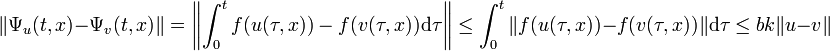 \|\Psi_u(t,x) - \Psi_v(t,x)\| = \left\|\int_0^t f(u(\tau,x)) - f(v(\tau,x)) \mathrm d \tau \right\|\le \int_0^t \| f(u(\tau,x)) - f(v(\tau,x)) \|\mathrm d \tau \le bk\|u - v\|