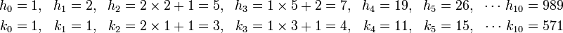 \begin{align} h_0 &= 1,& h_1 &=2,&h_2 &= 2 \times 2 + 1 = 5,&h_3 &= 1 \times 5 + 2 = 7,&h_4 &= 19, & h_5 &= 26, &\cdots \, h_{10} &= 989\\ k_0 &= 1,&k_1 &=1,&k_2 &= 2 \times 1 + 1 = 3,&k_3 &= 1 \times 3 + 1 = 4,&k_4 &= 11, & k_5 &= 15, &\cdots \, k_{10} &= 571 \end{align}