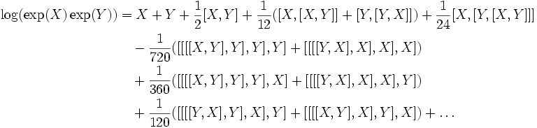 \begin{align}\log(\exp(X)\exp(Y))&=X+Y+\frac{1}{2}[X,Y]+ \frac{1}{12}([X,[X,Y]]+[Y,[Y,X]])+\frac{1}{24}[X,[Y,[X,Y]]]\\ &\quad  - \frac{1}{720}([[[[X,Y],Y],Y],Y] +[[[[Y,X],X],X],X]) \\ &\quad +\frac{1}{360}([[[[X,Y],Y],Y],X]+[[[[Y,X],X],X],Y])\\ &\quad  + \frac{1}{120}([[[[Y,X],Y],X],Y] +[[[[X,Y],X],Y],X]) +\dots\end{align}