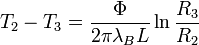 \ T_2-T_3= \frac{\Phi}{2 \pi \lambda_B L } \ln \frac{R_3}{R_2}\,
