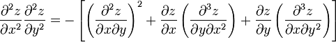 \frac{\partial^2 z}{\partial x^2}\frac{\partial^2 z}{\partial y^2} = -\left[\left(\frac{\partial^2 z}{\partial x\partial y}\right)^2 +\frac{\partial z}{\partial x}\left(\frac{\partial^3 z}{\partial y\partial x^2}\right) +\frac{\partial z}{\partial y}\left(\frac{\partial^3 z}{\partial x\partial y^2}\right)\right] 