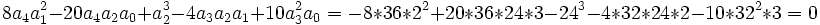  \qquad 8a_4a_1^2-20a_4a_2a_0+a_2^3-4a_3a_2a_1+10a_3^2a_0=-8*36*2^2+20*36*24*3-24^3-4*32*24*2-10*32^2*3=0