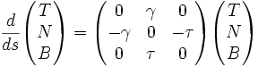  \frac{d}{ds}\begin{pmatrix} T\\N\\B \end{pmatrix} = \begin{pmatrix} 0 & \gamma & 0 \\ -\gamma & 0 & -\tau \\ 0 & \tau & 0 \end{pmatrix} \begin{pmatrix} T\\N\\B \end{pmatrix}