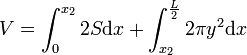 V=\int_0^{x_2} 2S\mathrm dx + \int_{x_2}^\frac{L}{2} 2\pi y^2\mathrm dx 