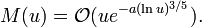  M(u) = \mathcal{O}(u e^{-a(\ln u)^{3/5}}). 