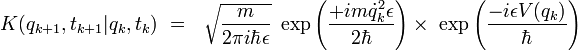 K(q_{k+1},t_{k+1}|q_{k},t_{k})  \ = \  \ \sqrt{\frac{m}{2 \pi i  \hbar \epsilon}} \ \exp \left( \frac{+ i m \dot{q}_k^2 \epsilon}{2 \hbar} \right) \times \ \exp \left( \frac{- i \epsilon V(q_k)}{\hbar} \right) 