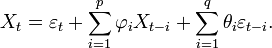  X_t = \varepsilon_t +  \sum_{i=1}^p \varphi_i X_{t-i} + \sum_{i=1}^q \theta_i \varepsilon_{t-i}.\,