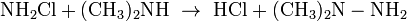 \mathrm{NH_2Cl + (CH_3)_2NH \ \rightarrow \ HCl + (CH_3)_2N-NH_2}