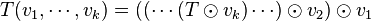 T(v_1, \cdots, v_k) = ((\cdots(T \odot v_k) \cdots ) \odot v_2 ) \odot v_1 