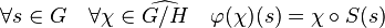 \forall s \in G \quad \forall \chi \in \widehat {G/H} \quad \varphi (\chi) (s) = \chi \circ S(s) \;