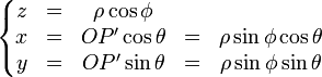  \left\{ \begin{matrix}  z &=& \rho \cos\phi&&\\  x &=& OP' \cos\theta &=& \rho \sin\phi\cos\theta\\  y &=& OP' \sin \theta &=& \rho \sin\phi\sin\theta \end{matrix} \right. 