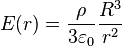 E(r) = \frac{\rho}{3\varepsilon_0}\frac{R^3}{r^2}