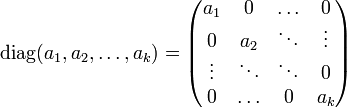 \mathrm{diag}(a_1, a_2, \ldots, a_k) = \begin{pmatrix} a_1    & 0      & \ldots & 0      \\ 0      & a_2    & \ddots & \vdots \\ \vdots & \ddots & \ddots & 0      \\ 0      & \ldots & 0      & a_k \end{pmatrix}