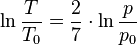 \ln \frac{T}{T_0} = \frac{2}{7} \cdot \ln \frac{p}{p_0} 