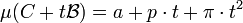 \mu(C + t\mathcal B) = a + p\cdot t + \pi \cdot t^2\;