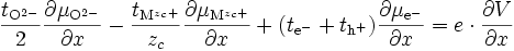 \frac{t_{\mathrm{O}^{2-}}}{2} \frac{\partial \mu_{\mathrm{O}^{2-}}}{\partial x} - \frac{t_{\mathrm{M}^{z_c +}}}{z_c} \frac{\partial \mu_{\mathrm{M}^{z_c +}}}{\partial x} + ( t_{\mathrm{e}^{-}} + t_{\mathrm{h}^{+}} ) \frac{\partial \mu_{\mathrm{e}^{-}}}{\partial x} = e \cdot \frac{\partial V}{\partial x} 