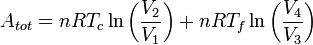 A_{tot} = nRT_c \ln\left(\frac{V_2}{V_1}\right) + nRT_f \ln\left( \frac{V_4}{V_3} \right) 