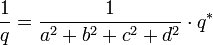 \frac{1}{q} = \frac{1}{a^2+b^2+c^2+d^2}\cdot q^*\,