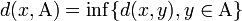 d(x,\mathrm{A}) = \inf \{ d(x,y), y \in \mathrm{A} \}