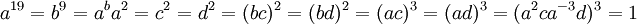 a^{19} = b^9 = a^ba^2 = c^2 = d^2 = (bc)^2 = (bd)^2 = (ac)^3 = (ad)^3 = (a^2ca^{-3}d)^3 = 1\,