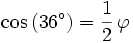 \cos\,(36^\circ)= \frac 12 \, \varphi