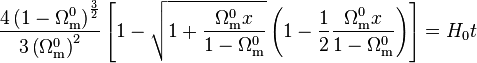 \frac{4 \left(1 - \Omega^0_{\rm{m}}\right)^\frac{3}{2}}{3\left(\Omega^0_{\rm{m}}\right)^2} \left[1 - \sqrt{1 + \frac{\Omega^0_{\rm{m}} x}{1 - \Omega^0_{\rm{m}}}}\left(1 - \frac{1}{2}\frac{\Omega^0_{\rm{m}} x}{1 - \Omega^0_{\rm{m}}}\right)\right] = H_0 t 
