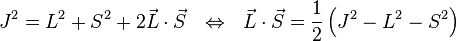 J^2 = L^2 + S^2 + 2 \vec{L} \cdot \vec{S} ~~ \Leftrightarrow ~~ \vec{L} \cdot \vec{S} = \frac{1}{2} \left( J^2 - L^2 - S^2 \right)