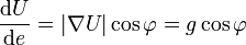 \frac{\mathrm{d}U}{\mathrm{d}e} = |\nabla U| \cos{\varphi} = g \cos{\varphi}