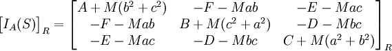  \begin{bmatrix} I _A(S) \end{bmatrix} _R = \begin{bmatrix}  A + M (b^2+c^2) & -F-Mab & -E-Mac \\ -F-Mab & B + M(c^2+a^2) & -D-Mbc \\  -E-Mac & -D-Mbc & C+M(a^2+b^2)  \end{bmatrix} _R 