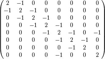  \begin{pmatrix}  2 & -1 &  0 &  0 &  0 &  0 &  0 &  0\\ -1 &  2 & -1 &  0 &  0 &  0 &  0 &  0\\  0 & -1 &  2 & -1 &  0 &  0 &  0 &  0\\  0 &  0 & -1 &  2 & -1 &  0 &  0 &  0\\  0 &  0 &  0 & -1 &  2 & -1 &  0 & -1\\  0 &  0 &  0 &  0 & -1 &  2 & -1 &  0\\  0 &  0 &  0 &  0 &  0 & -1 &  2 &  0\\  0 &  0 &  0 &  0 & -1 &  0 &  0 &  2 \end{pmatrix}