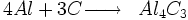 \begin{matrix} & \\ 4Al + 3C \overrightarrow{\qquad} & Al_4C_3 \\\end{matrix}