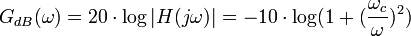  G_{dB}(\omega) = 20 \cdot \log |H(j\omega)| = -10 \cdot \log (1+({\frac{\omega_c}{\omega}})^2) 