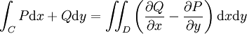\int_{C} P\mathrm dx + Q\mathrm dy = \iint_{D} \left(\frac{\partial Q}{\partial x} - \frac{\partial P}{\partial y}\right) \mathrm dx\mathrm dy